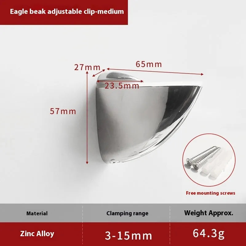Electroplated metal adjustable clip for holding glass partitions or plates, shown in two different style options.