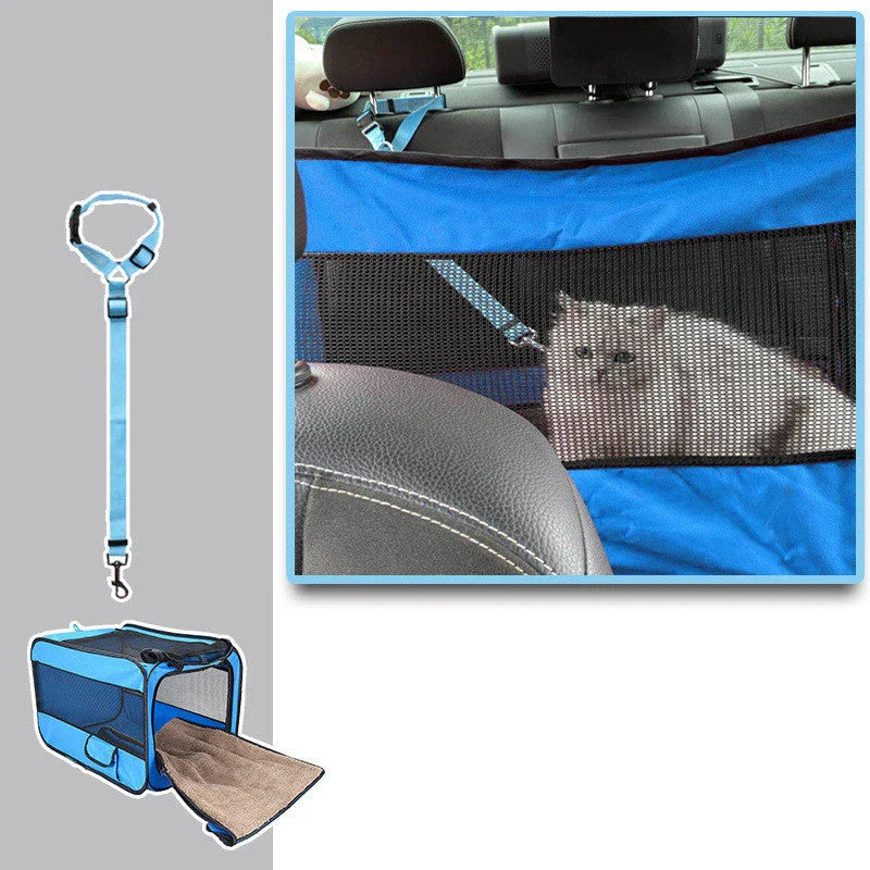 Plush pet travel carrier in various colors with safety features like seatbelt straps and a removable, washable pad