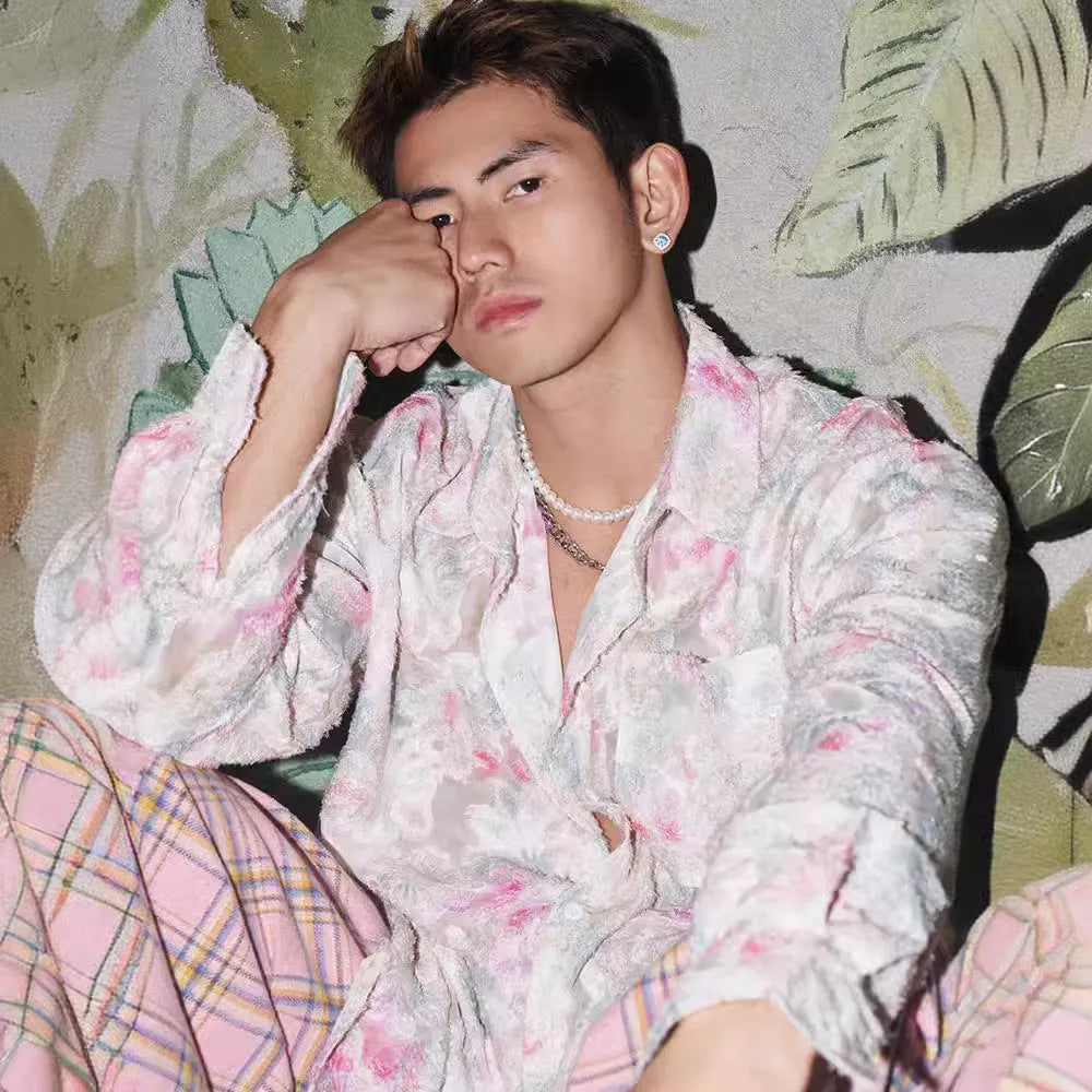 Pink floral long sleeve shirt with three-dimensional embossing pattern and loose fit design