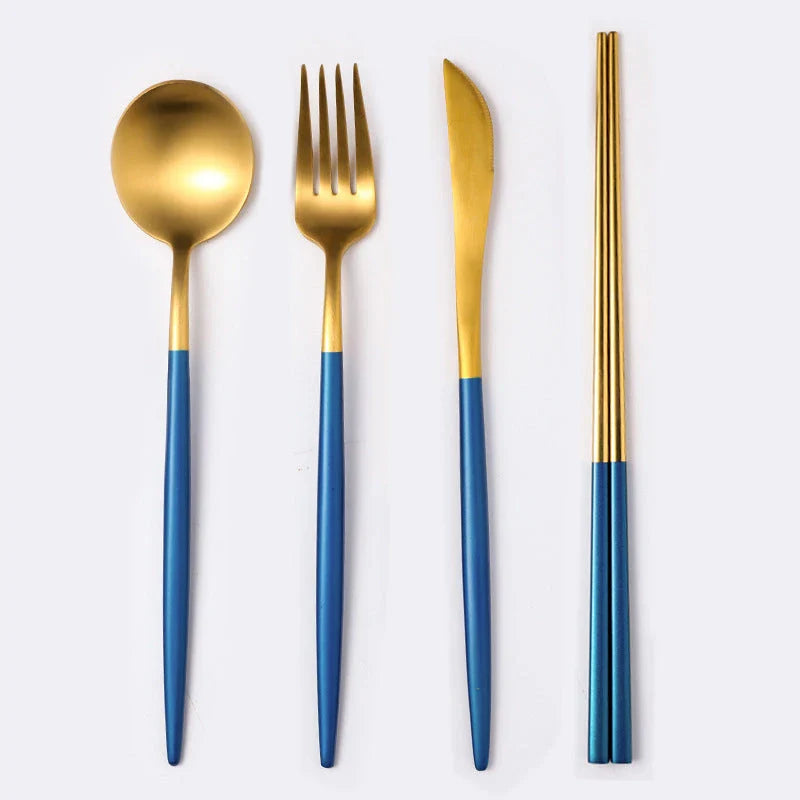 Premium stainless steel cutlery set with a mirror-polished finish, including coffee spoons, dessert spoons, main meal spoons, dessert forks, main forks, and chopsticks, presented in a stylish gift box.