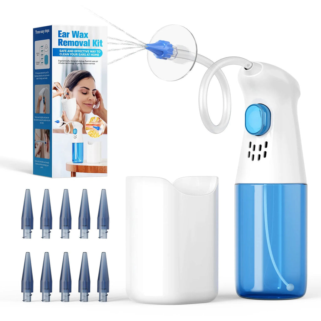 E20 Blue portable manual ear wash tool with water basin, one-hole nozzles and five-hole nozzle on host