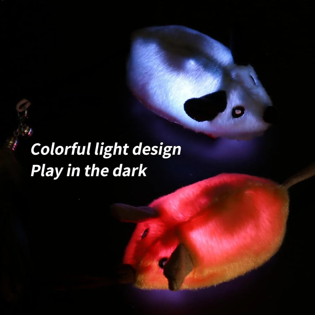 Interactive electric cat mouse toy with removable feather tail shown in grey and yellow colour options