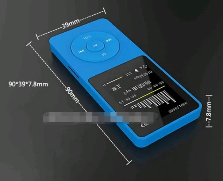 A slim, colourful 1.8-inch screen MP4 player showing a music interface, highlighting its long battery life and FM radio.