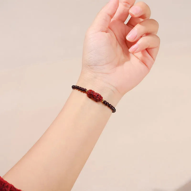 Natural garnet strawberry quartz square bracelet with carved Pixiu design for women