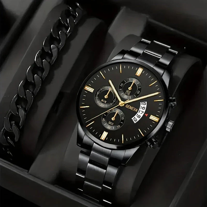 Stylish men's fashion watch and bracelet set with stainless steel case and leather strap, perfect for Valentine's Day gift