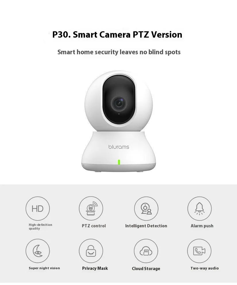 White HD smart camera for indoor panoramic monitoring with remote conversation and storage options