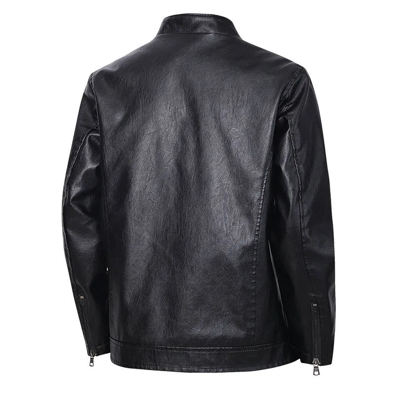 Slim-fit men's PU leather casual jacket in black with a regular 50cm length and polyester lining