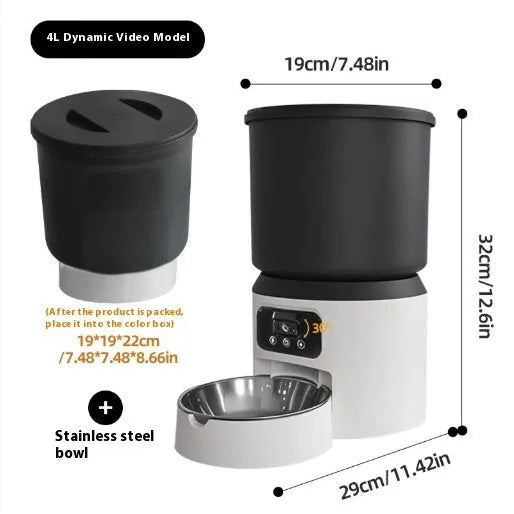 4 litre smart pet feeder with mobile app showing remote scheduling interface