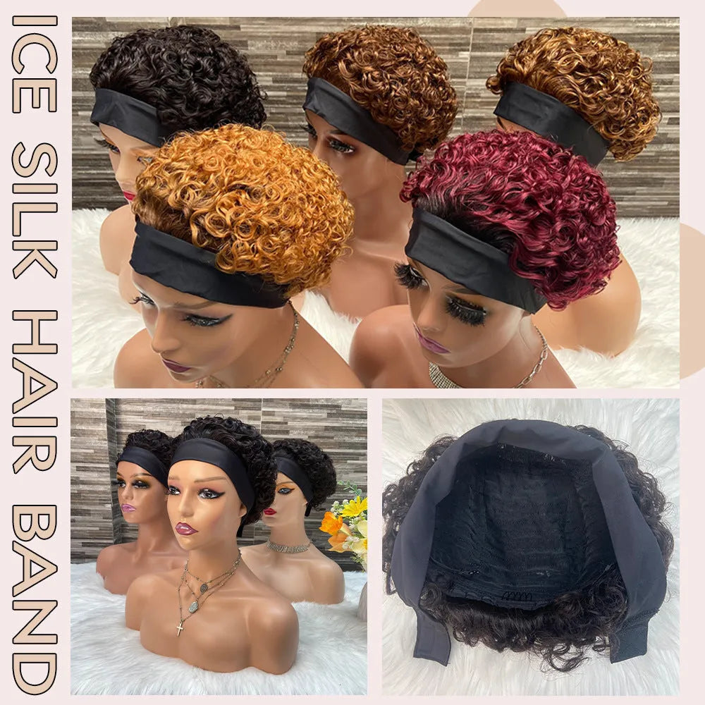 Real human hair wig with Ice Silk Hair Band in ice silk hair band elf style, suitable for ladies any face type