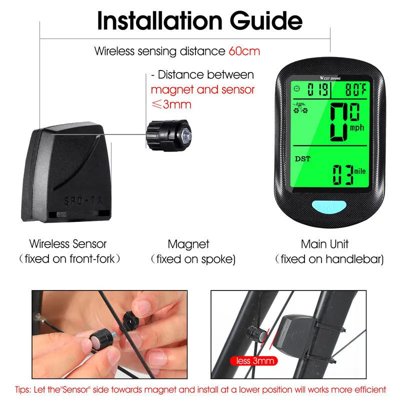 Bicycle wireless stopwatch velometer cycling fixture black ABS speedometer with mount and sensor