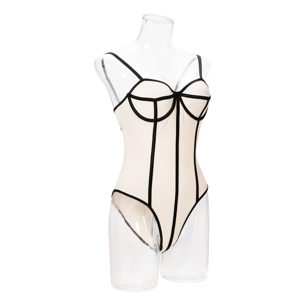 Khaki bodybuilding jumpsuit with sleeveless hollow-out top and contrast panels, worn with matching shorts.