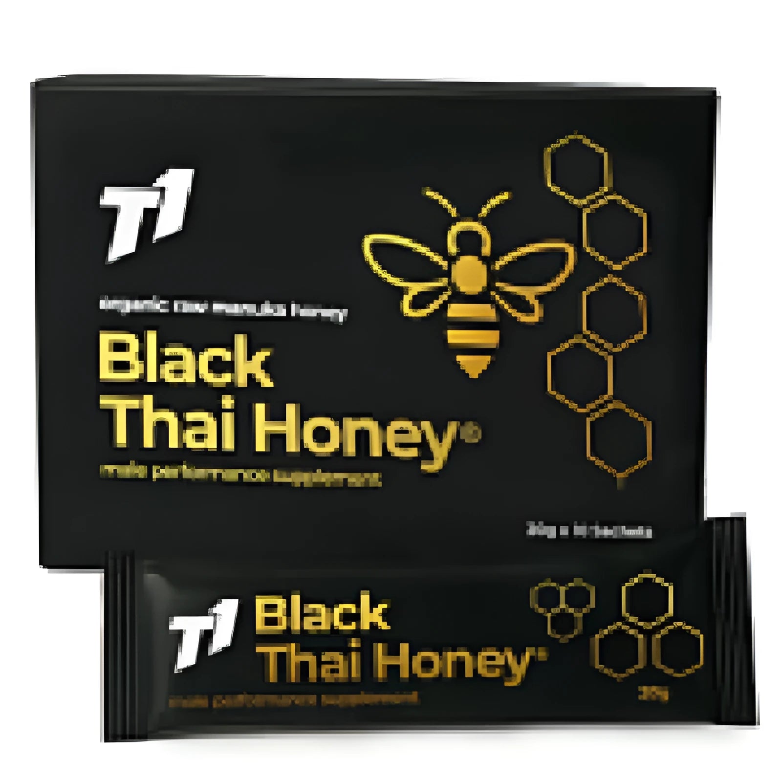 Glass jar of pure T1 Black Thai Honey with dark black coloured honey inside.