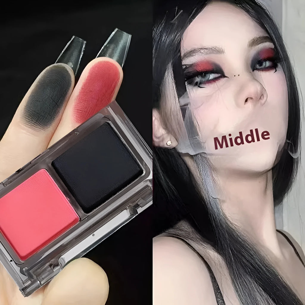 Cool two-tone eyeshadow plate showing five colour combinations including pink and black matte shimmer shades
