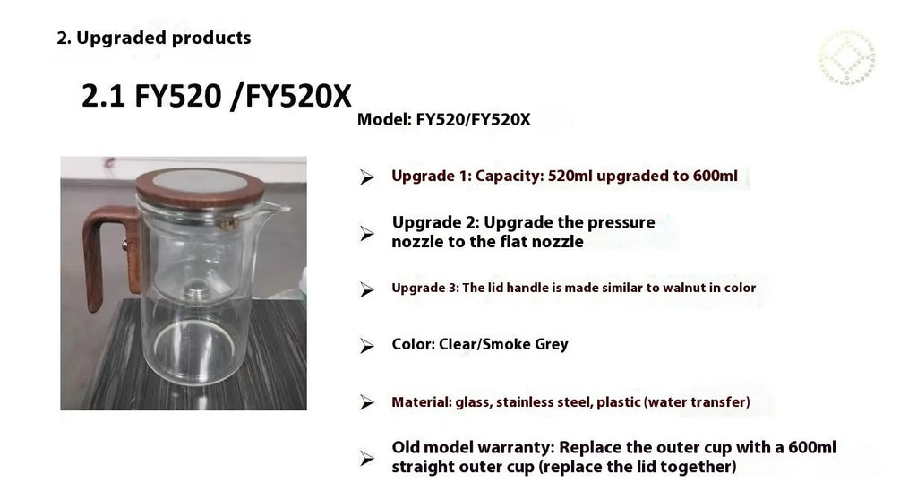 Glass tea pot with magnetic separation button, walnut wood handle, and Chinese style design
