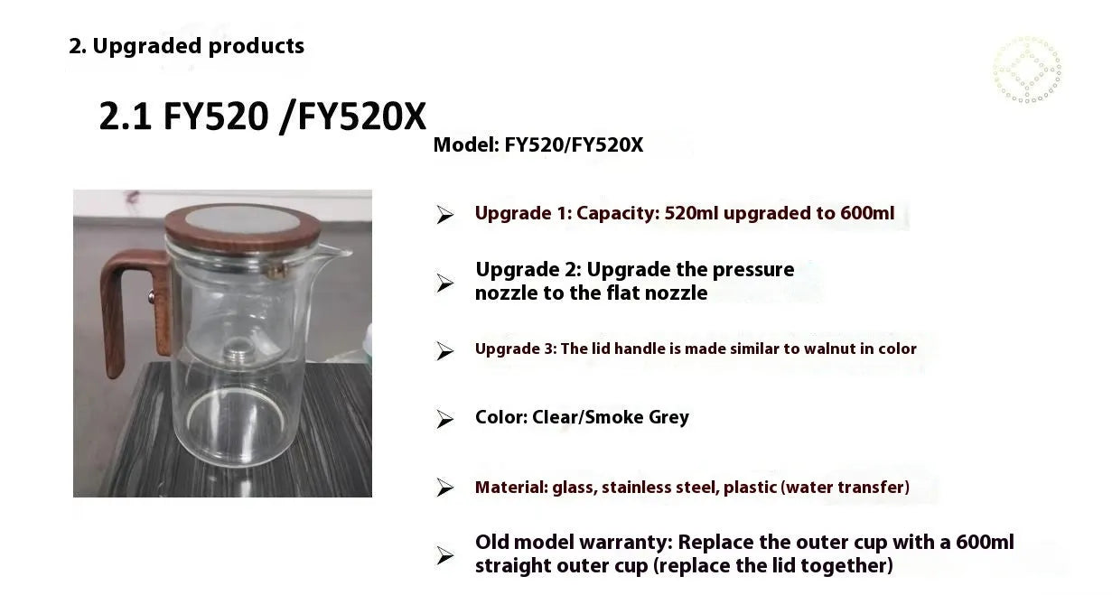 Glass tea pot with magnetic separation button, walnut wood handle, and Chinese style design