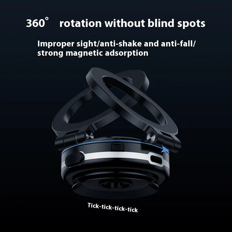 Magnetic vacuum adsorption car phone holder in black, silver, and pink colours shown on a car dashboard.