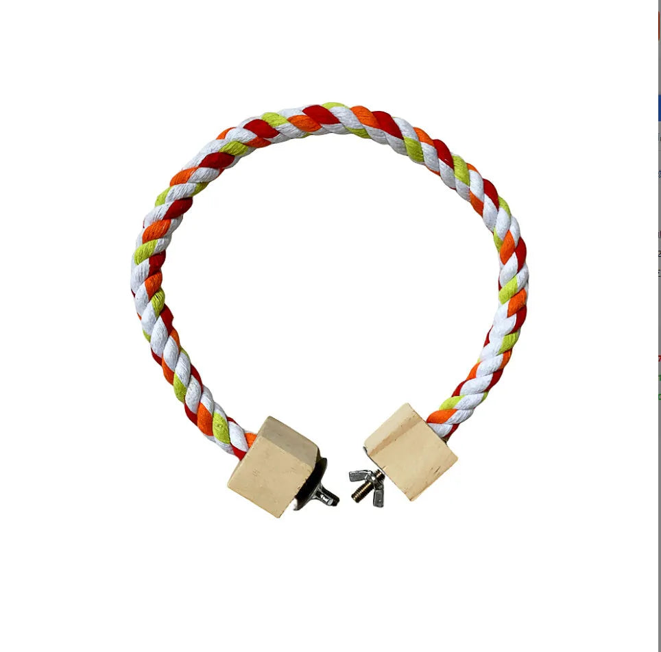 Parrot climbing rope toy with wooden swing rings on natural wood rope, 30-60cm length options