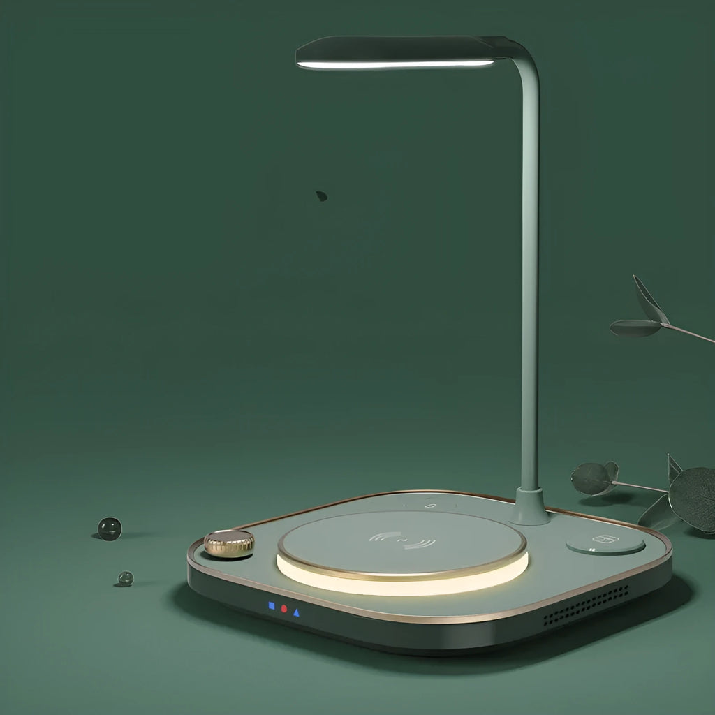 Black three-in-one wireless charging station with 15W fast charging and optional desk lamp on a wooden desk.