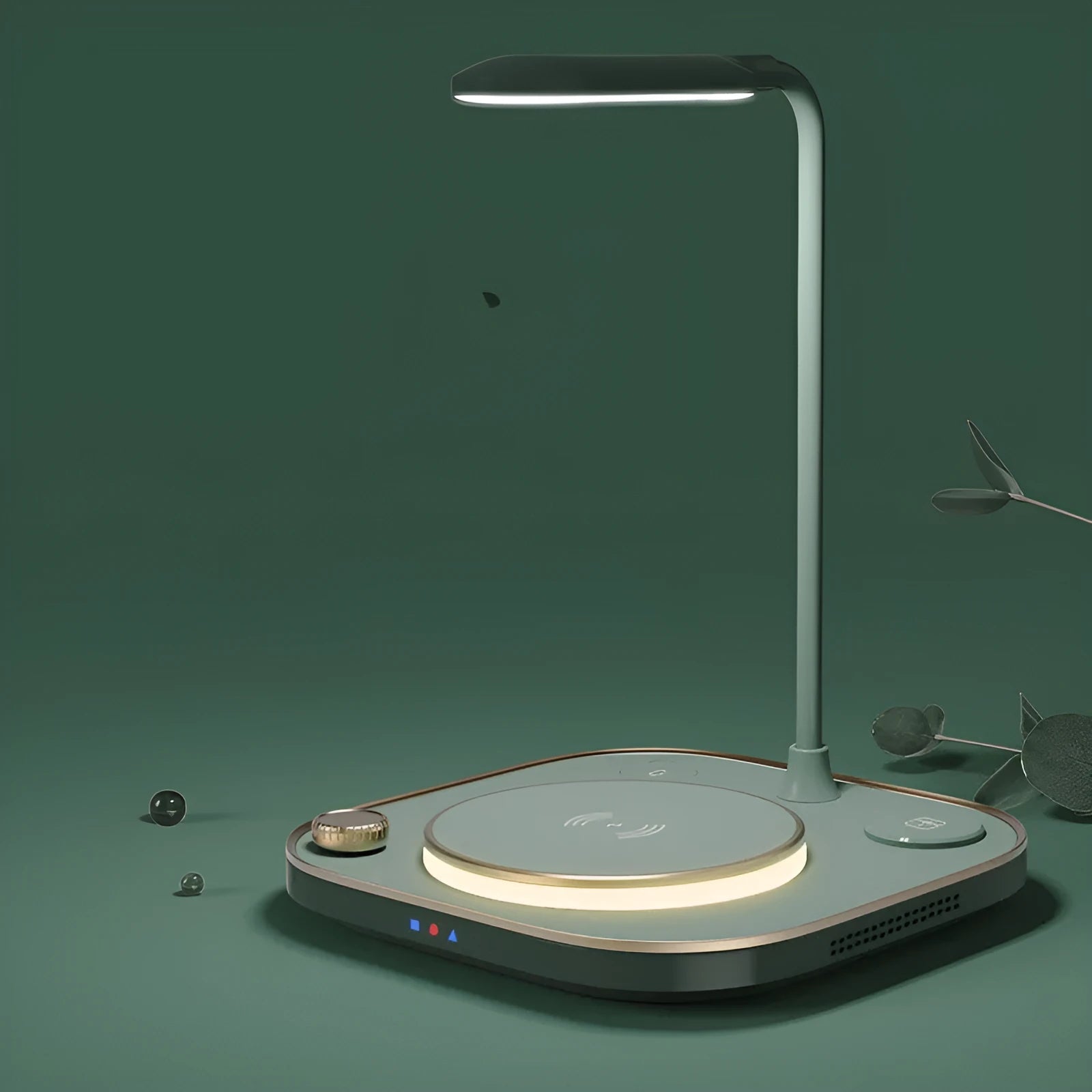 Black three-in-one wireless charging station with 15W fast charging and optional desk lamp on a wooden desk.
