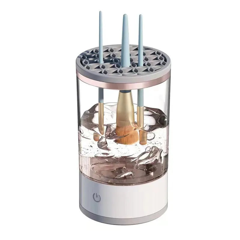 Grey and white portable electric makeup brush cleaner with USB charging cable