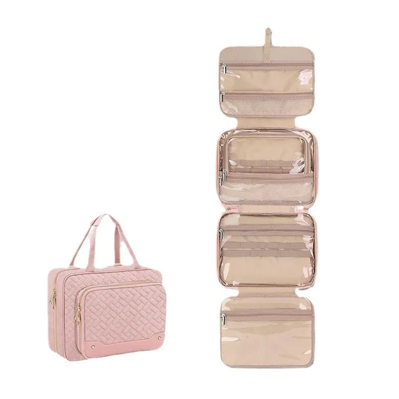 Hanging waterproof cosmetic bag in pink or black measuring 30.5 x 11 x 22.9 cm