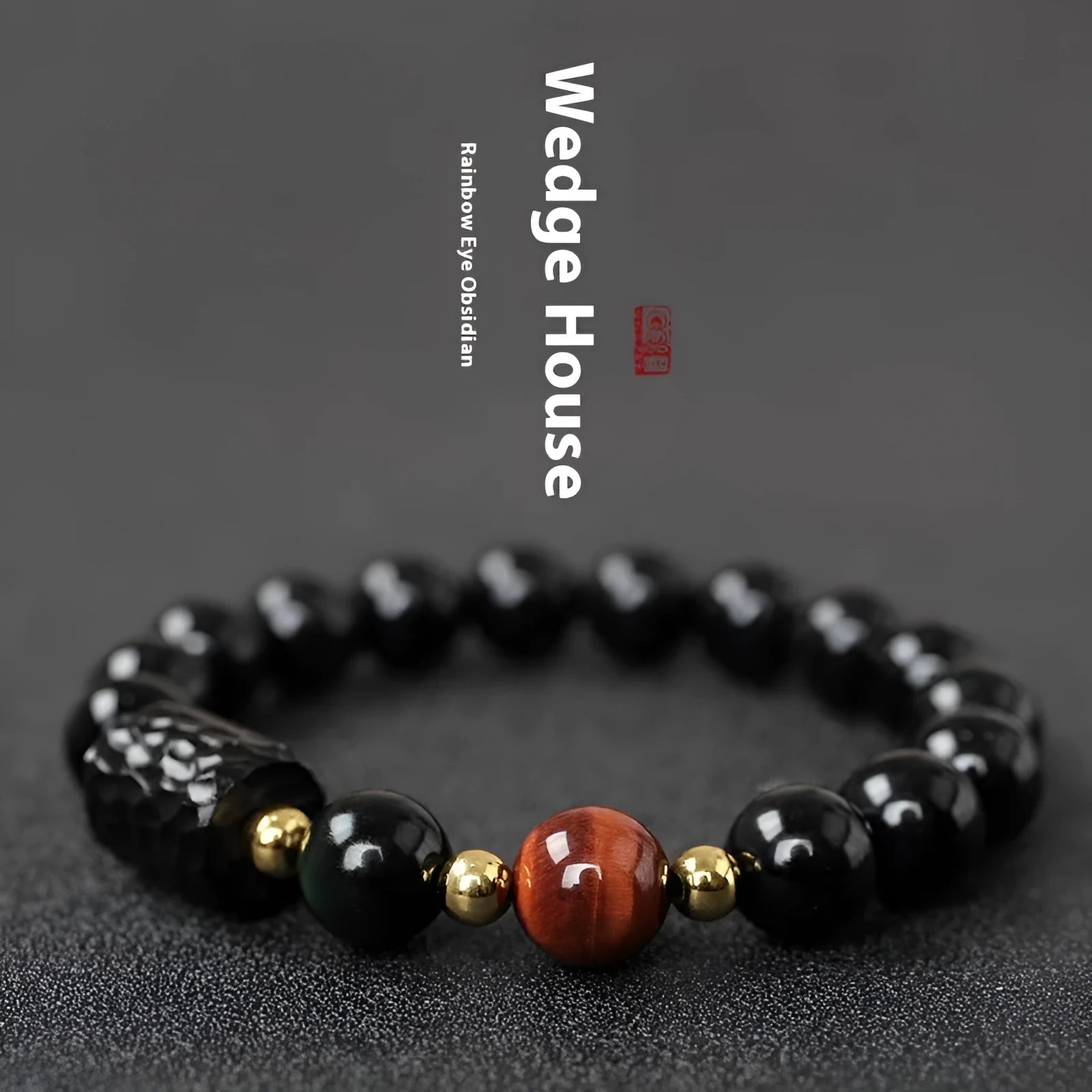 Obsidian bracelet with tiger eye beads in 10mm size showing manual craftsmanship and unisex design