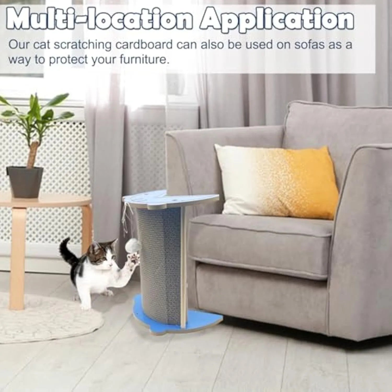 Corner-shaped cardboard cat scratching pad with a hanging blue ball toy attached.