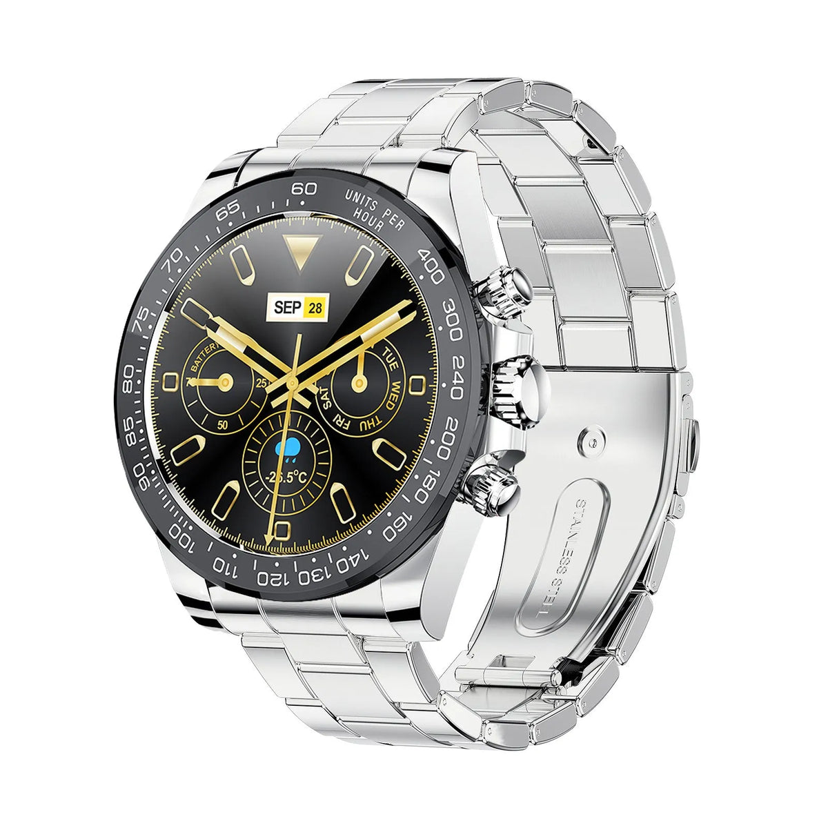 AW13pro smartwatch with 1.3-inch TFT screen on wrist, black steel belt, showing heart rate detection display