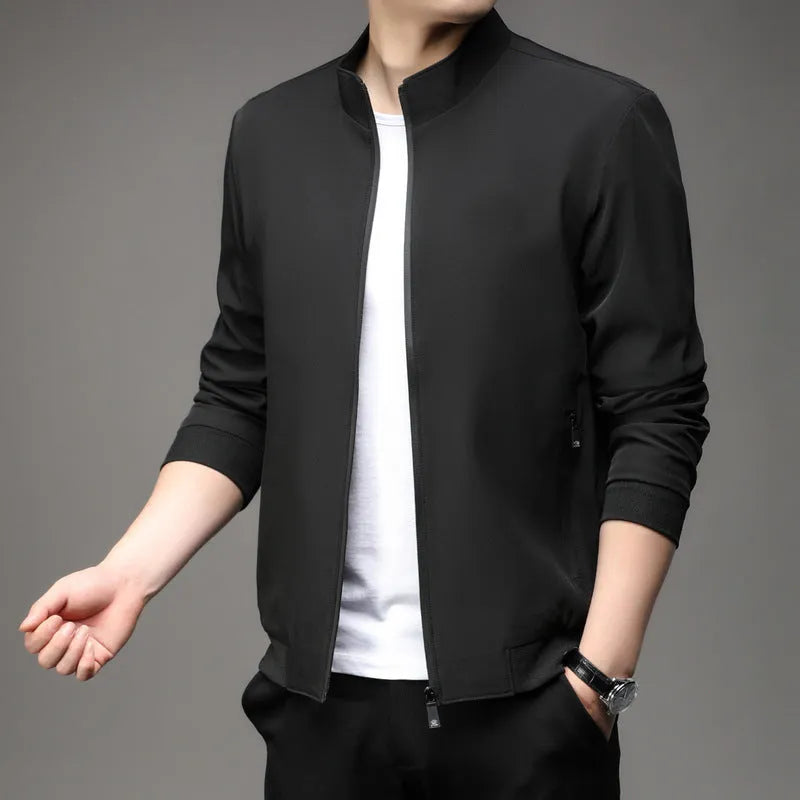 Korean style loose fit lapel jacket in blue, shown on a model