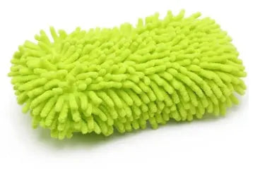 Silvery green rectangular car wash sponge measuring 14 by 25 centimetres with textured chenille surface
