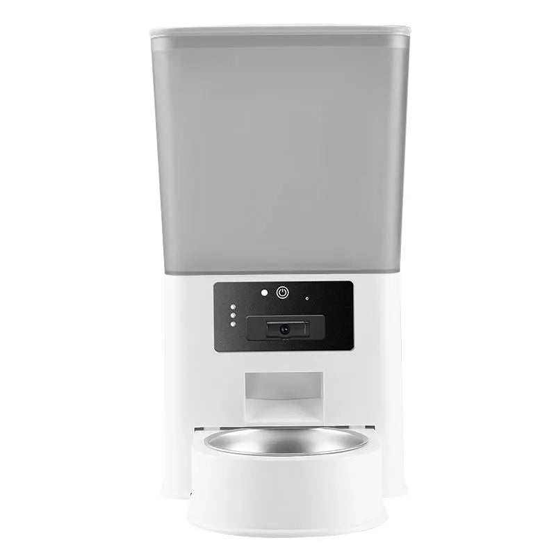 Pet intelligent feeder with stainless steel bowl showing four model options with video and voice calling features