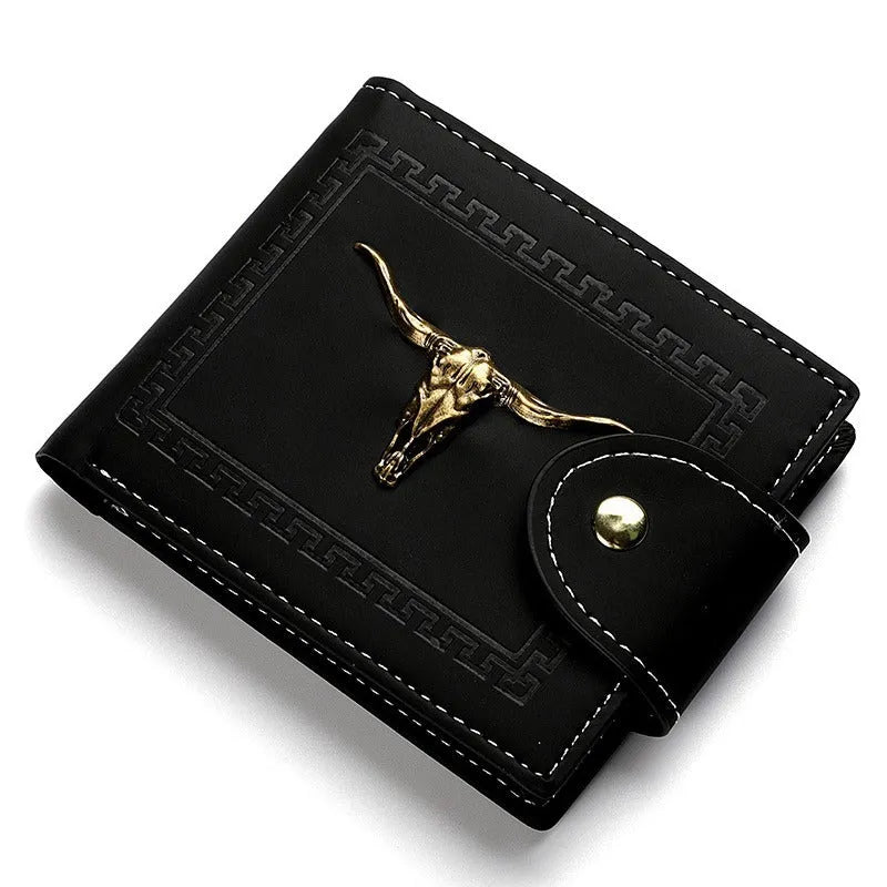 Black men's short wallet with animal pattern, zipper closure, and multiple card slots in PU leather