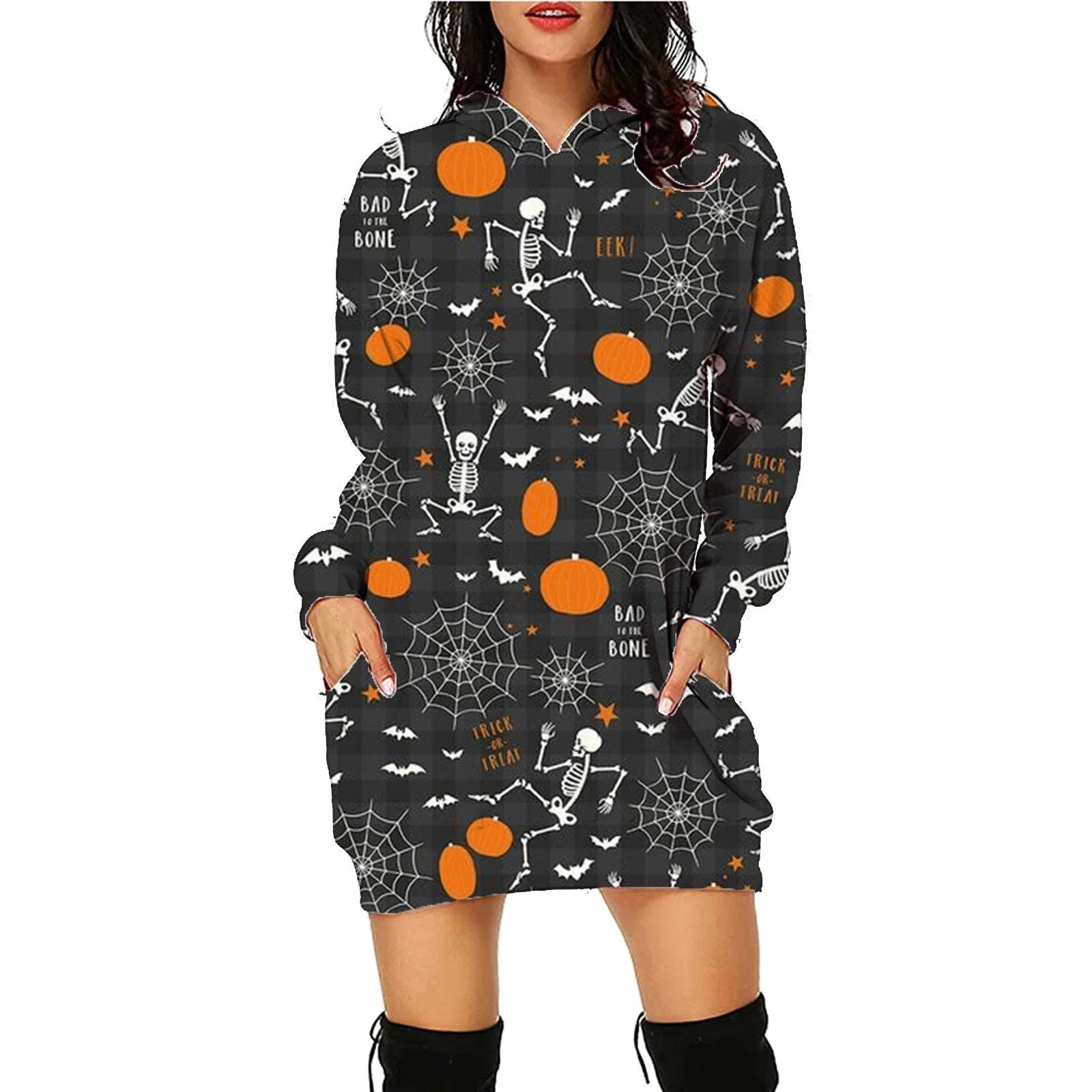 Women's long-sleeved Halloween hoodie with pockets, featuring a unique printed design in a variety of vibrant color options.