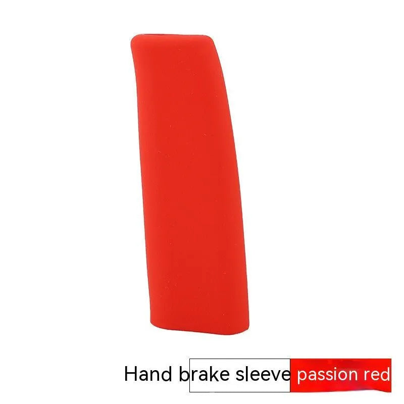Universal 12 cm silicone handbrake sleeve in five colours: black, gray, beige, red, and blue.