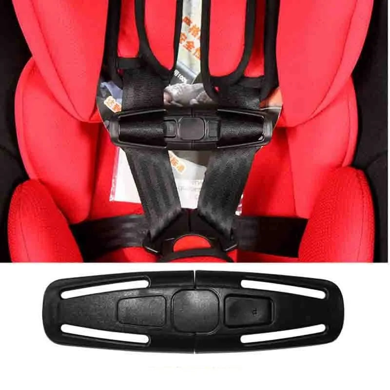 Black nylon seat belt clip for 5-point child car seat harness chest buckle.