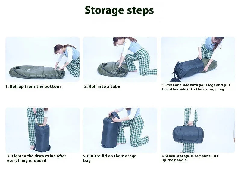 Ultralight mummy-style sleeping bag in army green colour with white duck down filling and 400T nylon fabric.