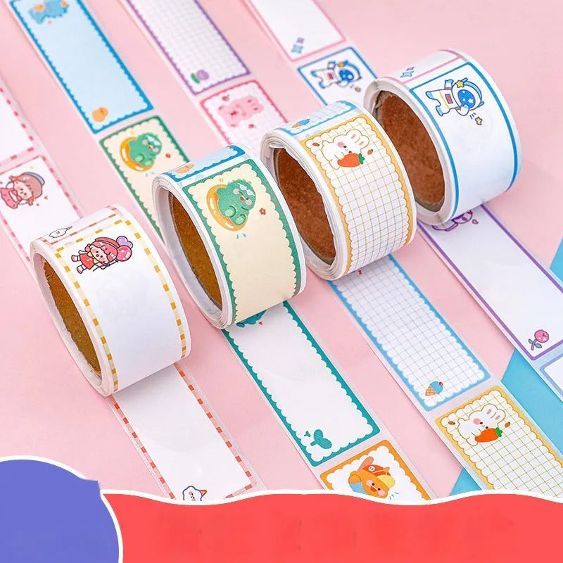 Roll of cartoon name tape stickers showing dinosaur, astronaut, rabbit, and girl cute design themes.