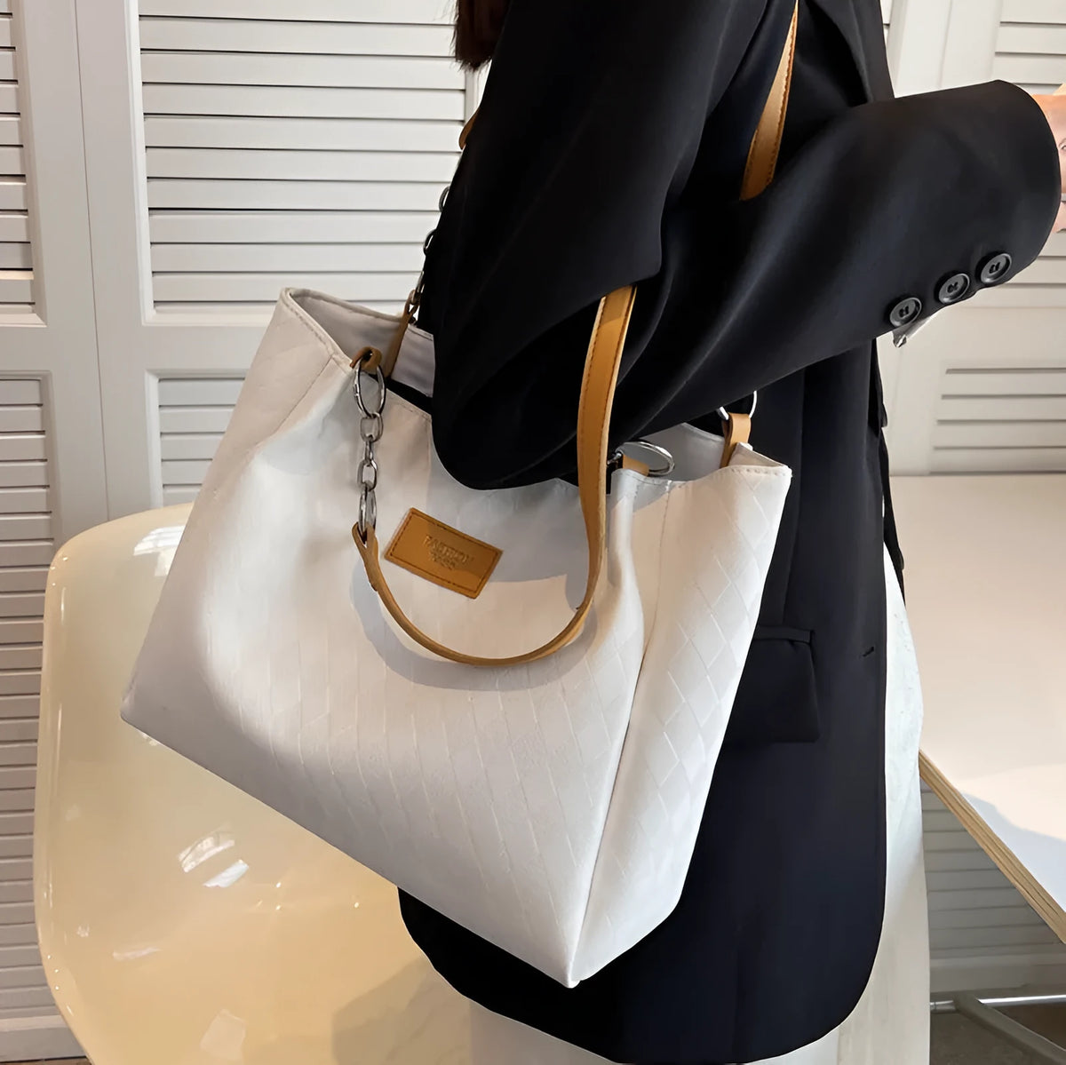Rhombus pattern PU shoulder bag with chain strap and tote handles, 30cm width, colour contrast design, black