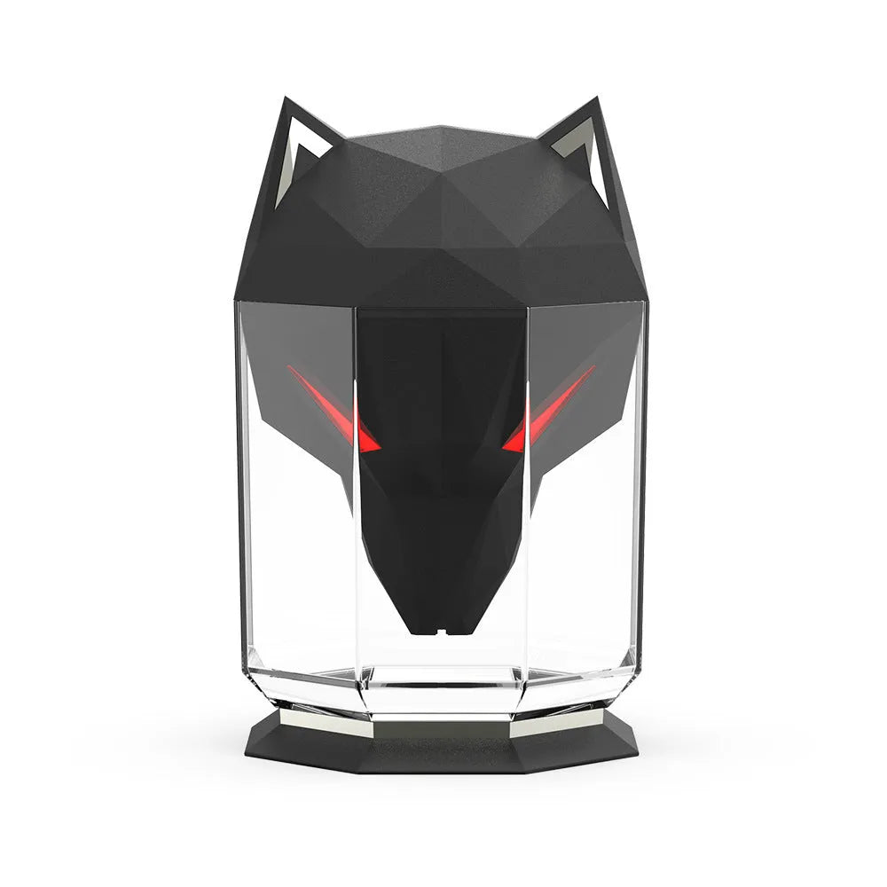 War Wolf black and white ultrasonic desktop humidifier with colourful LED lights on, showing mist outlet.