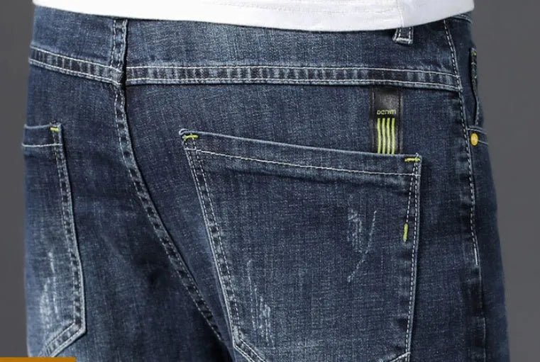 Men's stretch cotton jeans straight leg cropped Korean style blue grey washe