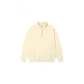 Grey half zip stand collar cotton sweater for men and women on a hanger.