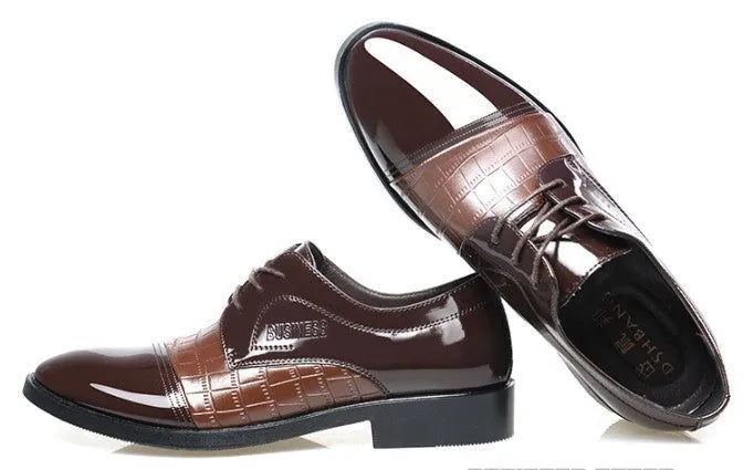 Men's pointed microfiber dress shoes with sequins and stitching, black, low-top design