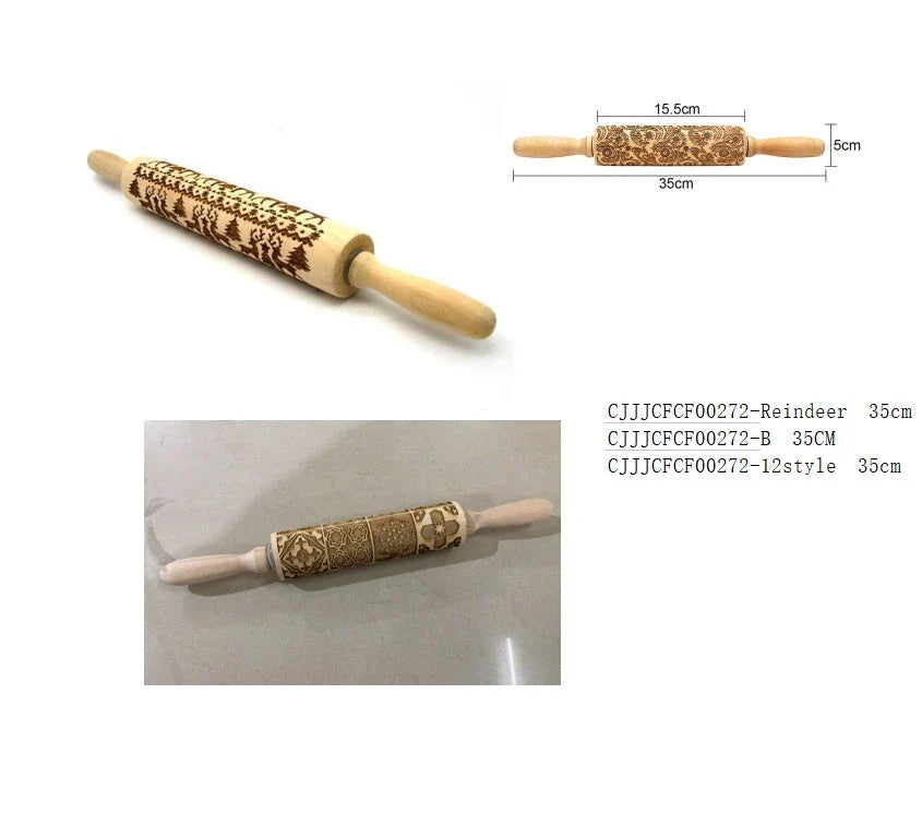 Personalized Christmas rolling pin with a variety of embossed holiday designs, including snowflakes, reindeer, and Merry Christmas patterns