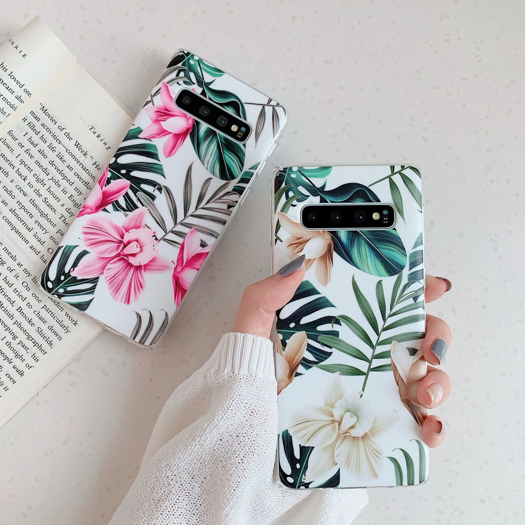 Samsung smartphone TPU case with green leaf flower pattern on back cover