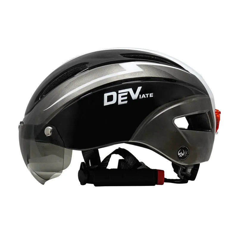Adult cycling helmet with integrated red taillight on the back, shown in a blue, white, and black colour scheme.