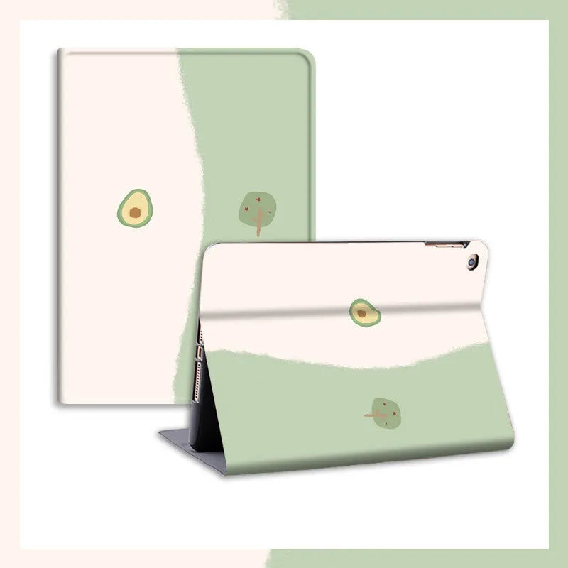 Literary avocado cartoon silicone protective case for Apple iPad, book style with pen slot, fits multiple iPad models