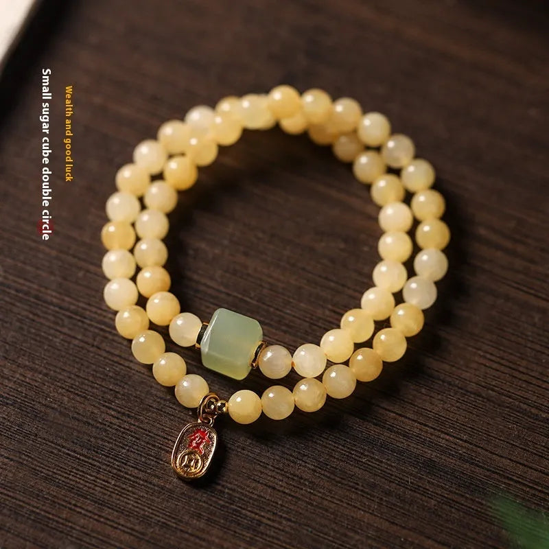 Women's hand-woven bracelet with topaz mantra barrel beads and square sugar jade beads