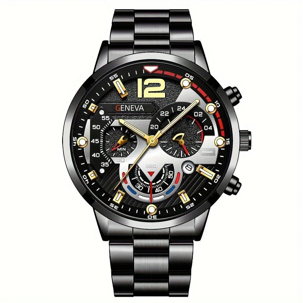 Stylish men's fashion watch and bracelet set with stainless steel case and leather strap, perfect for Valentine's Day gift