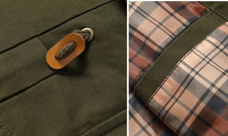 Military style mid length jacket in khaki with cardigan front and polyester fibre fabric