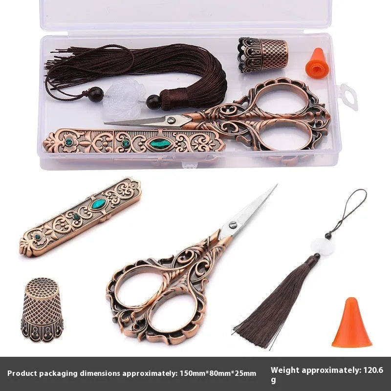 Retro walking in the waves sewing tool set boxed with stainless steel scissors and awl in gold